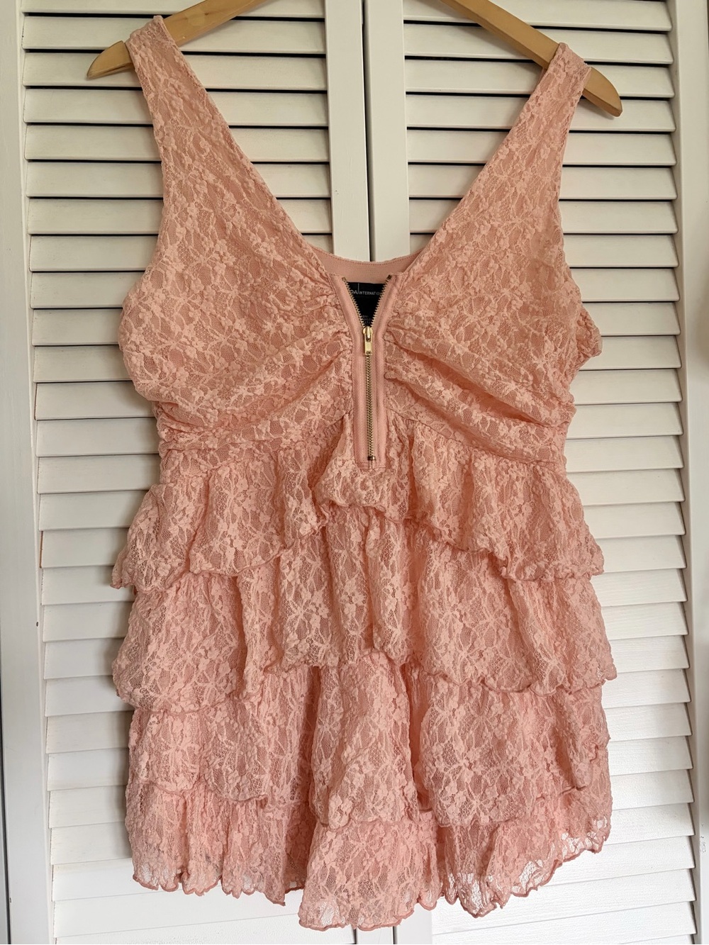 Moda International Peach Lace Tiered Ruffle Top with Front Zip